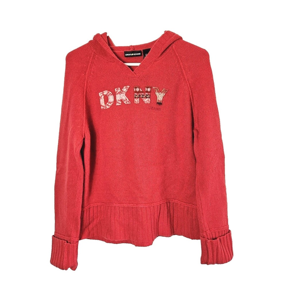 DKNY Women's Coral Hooded Logo Sweater‎ XL Knit Applique Lamb's Wool Vtg Y2K